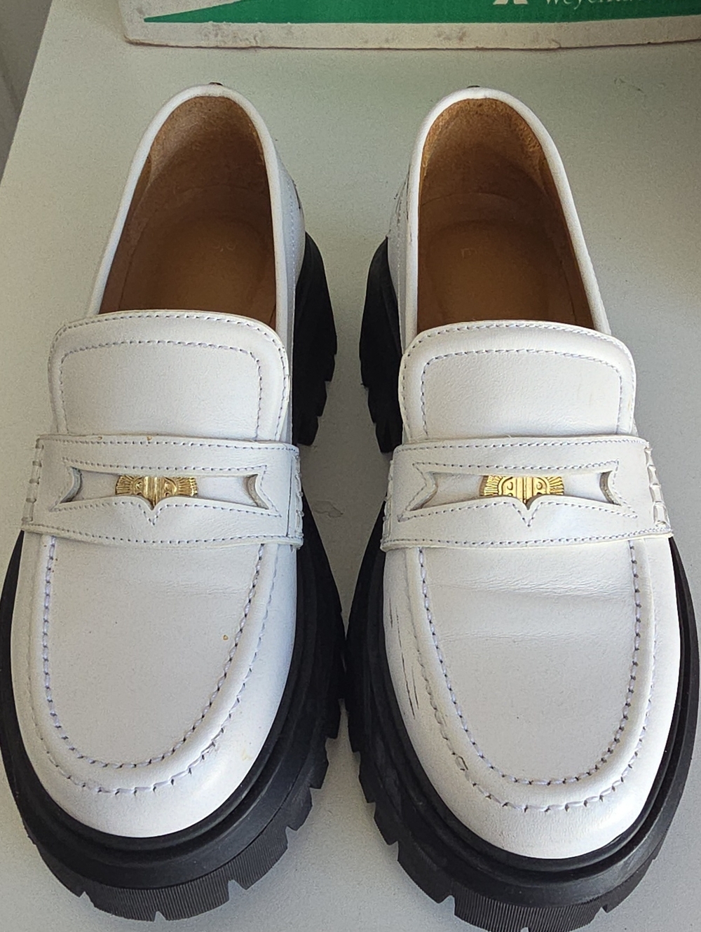 Maje White Leather Loafers with Gold Accent